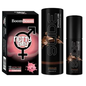 NottyBoy SLIDE Water Based Personal Lubricant and Intimate Massage Gel 100ml Chocolate Flavored Bubblegum Condom Pack of 1x10pcs