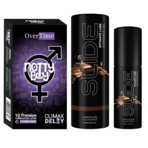 NottyBoy SLIDE Water Based Personal Lubricant and Intimate Massage Gel 100ml Chocolate Flavored Climax Delay Condom Pack of 1x10pcs