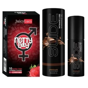 NottyBoy SLIDE Water Based Personal Lubricant and Intimate Massage Gel 100ml Chocolate Flavored Strawberry Flavored Condom Pack of 1x10pcs