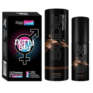NottyBoy SLIDE Water Based Personal Lubricant and Intimate Massage Gel 100ml Chocolate Flavored 4In1 Condom Pack of 1X10pcs