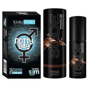 NottyBoy SLIDE Water Based Personal Lubricant and Intimate Massage Gel 100ml Chocolate Flavored Ultra Thin Condom Pack of 1x10pcs