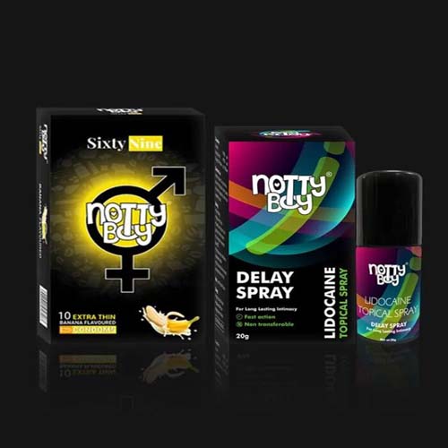 NottyBoy Lidocaine Delay Spray for Men 20gms with Banana Flavour Condom (Pack of 1x10 Pcs)
