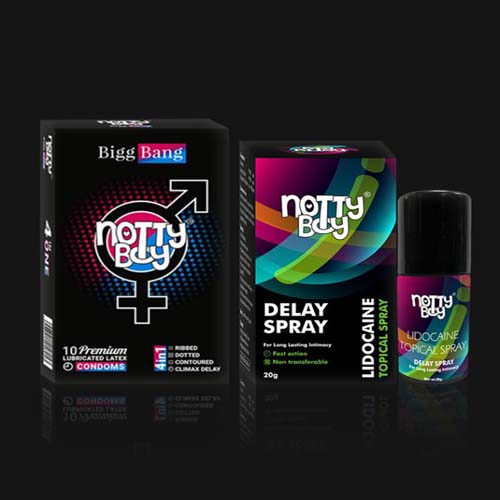NottyBoy Lidocaine Delay Spray for Men 20gms with BigBang 4in1 Ribbed Dotted Contoured and Extra Time Condom (Pack of 1 x 10 pcs)