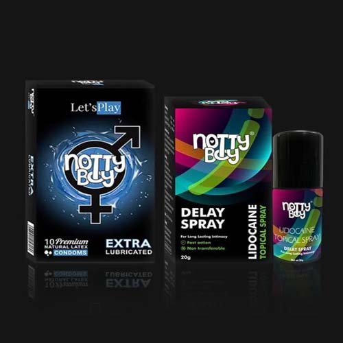 NottyBoy Lidocaine Delay Spray for Men 20gms with LetsPlay Extra Lubricated Condom (Pack of 1x10 Pcs)
