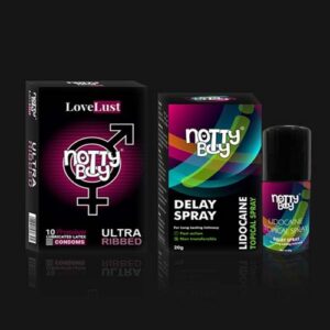 NottyBoy Lidocaine Delay Spray for Men 20gms with LoveLust Ultra Ribbed Condom (Pack of 1x10 Pcs)