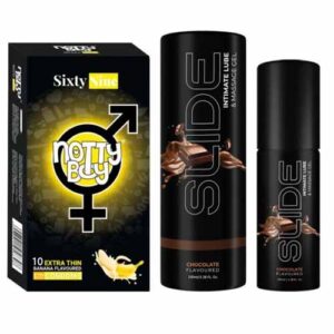 NottyBoy SLIDE Water Based Personal Lubricant and Intimate Massage Gel 100ml Chocolate Flavored & Thin Banana Flavor Condom Pack of 1X10pcs