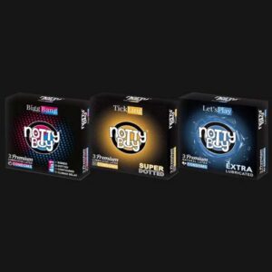 NottyBoy Nirvana Combo Pack Condoms BiggBang 4in1, Extra Lubricated and 1500 Dots 3 Packs X 9 Units