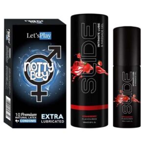 NottyBoy SLIDE Strawberry Flavored Water Based Personal Lubricant and Intimate Massage Gel 100 ml Extra Lubricated Condom Pack of 1X10pcs