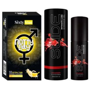 NottyBoy SLIDE Strawberry Flavored Water Based Personal Lubricant and Intimate Massage Gel 100ml Banana Flavor Condom Pack of 1X10pcs
