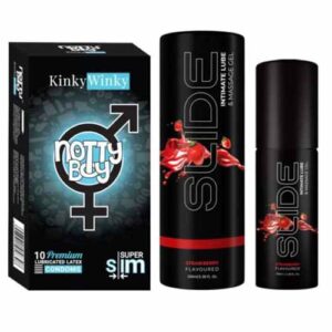 NottyBoy SLIDE Strawberry Flavored Water Based Personal Lubricant and Intimate Massage Gel 100 ml Ultra Thin Condom Pack of 1X10pcs