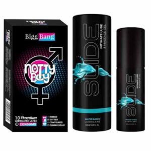 NottyBoy SLIDE Water Based Personal Lubricant and Intimate Massage Gel 100ml | 4IN1 Condom Pack of 1X10pcs