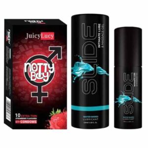 NottyBoy SLIDE Water Based Personal Lubricant and Intimate Massage Gel 100ml Thin Strawberry Flavored Condom Pack of 1X10pcs